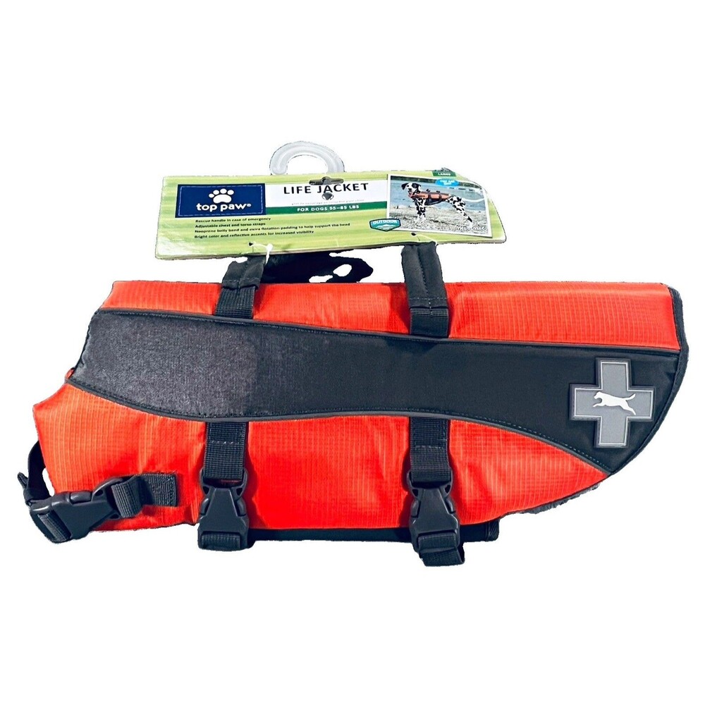 Top Paw Dog Life Jacket LARGE Orange/Black Nylon Reflective Quick-Release Buckle